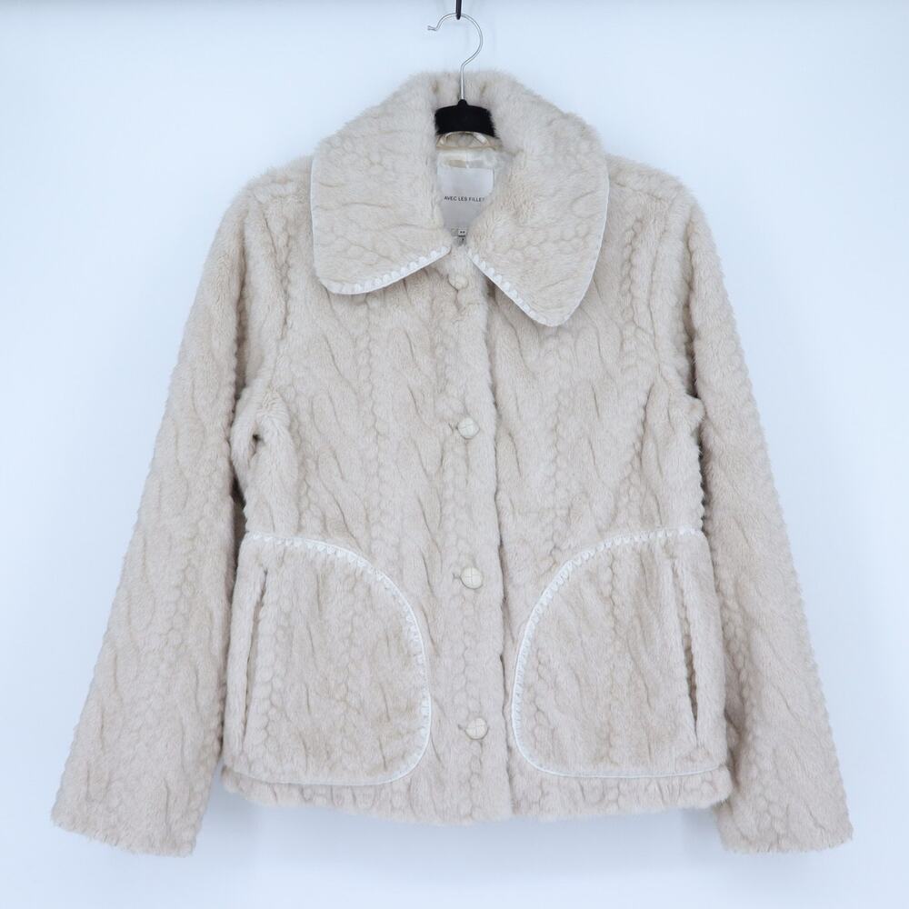 Avec Les Filles Faux Fur Cable Knit Jacket Beige Button Up Collared Women's XS